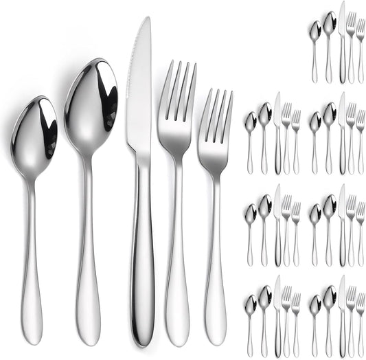 Modern Silverware Heavy Silver Flatware Stainless Steel 40 Pieces Forks Spoons Knives Set Service for 8 for Restaurant Parties and Everyday Utensils