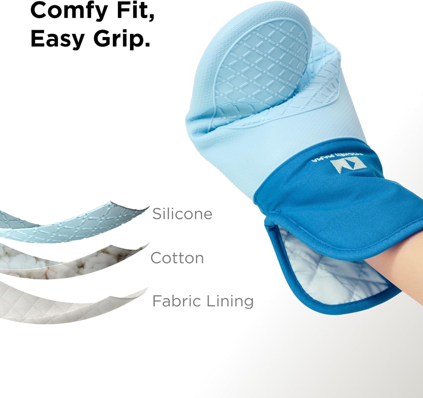 Kitchen Mama UltraShield Silicone Oven Mitts – Heat Resistant, Non-Slip Surface, Durable, Safe, Pot Holders, Flexible Waterproof Glove Set, Perfect for Cooking, Baking, Grilling, BBQ (Blue)