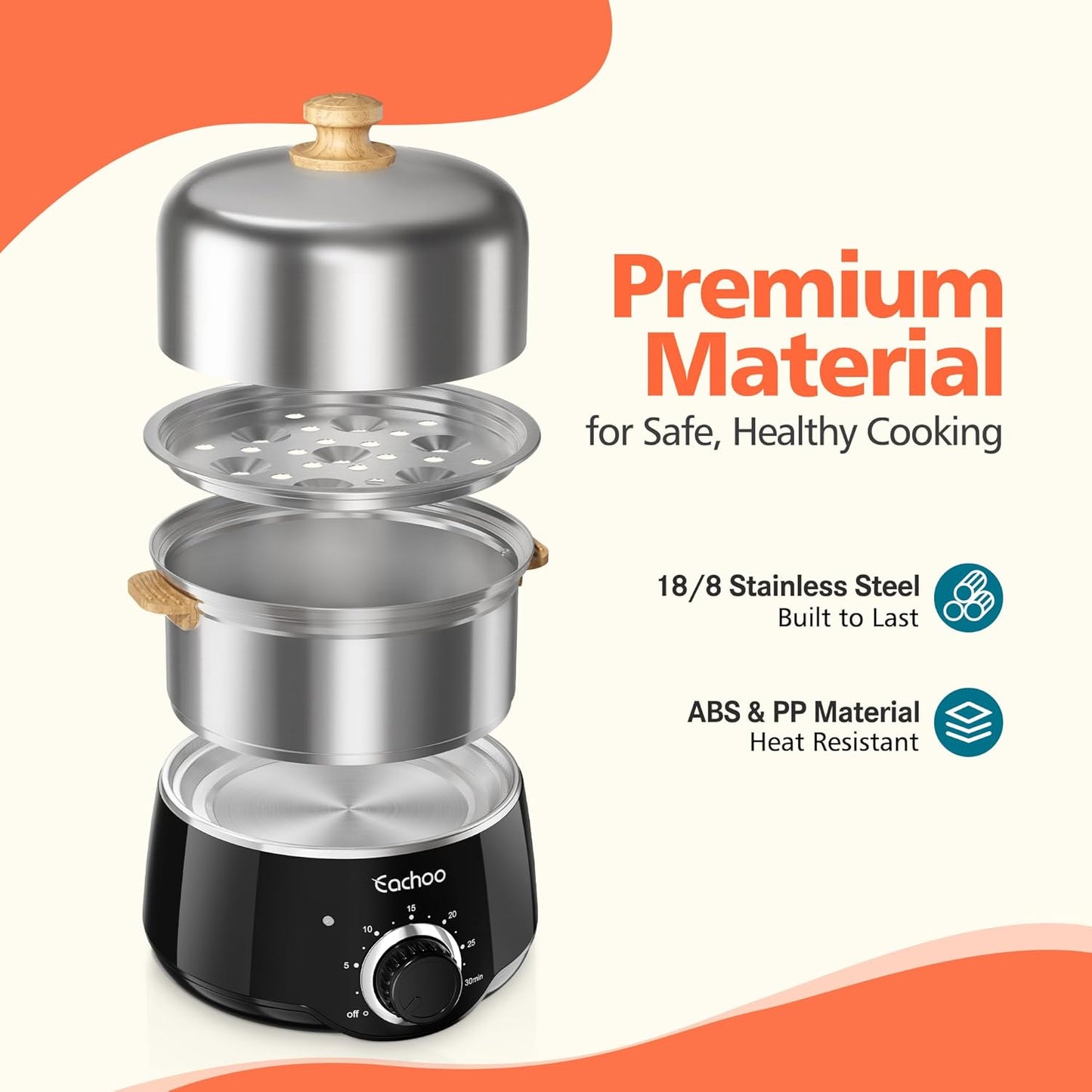 Hard Boiled Egg Cooker - CACHOO 14-Egg Rapid Stainless Steel Egg Boiler with 30-Min Timer & Auto Shut Off, Compact Electric Vegetable Steamer for Cooking, Dishwasher Safe, Black