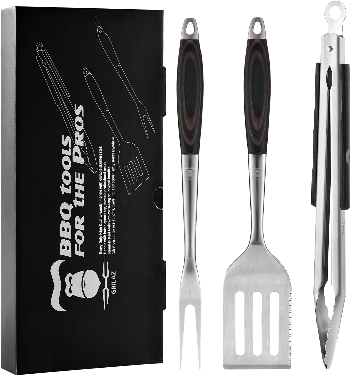 Stainless Steel BBQ Tool Set | Dark-Dyed Wood Handles | Heavy Duty Grilling Accessories | 3-Piece Outdoor Barbecue Grill Utensil Set with Spatula, Fork, and Tongs - Ideal Gift for Men…