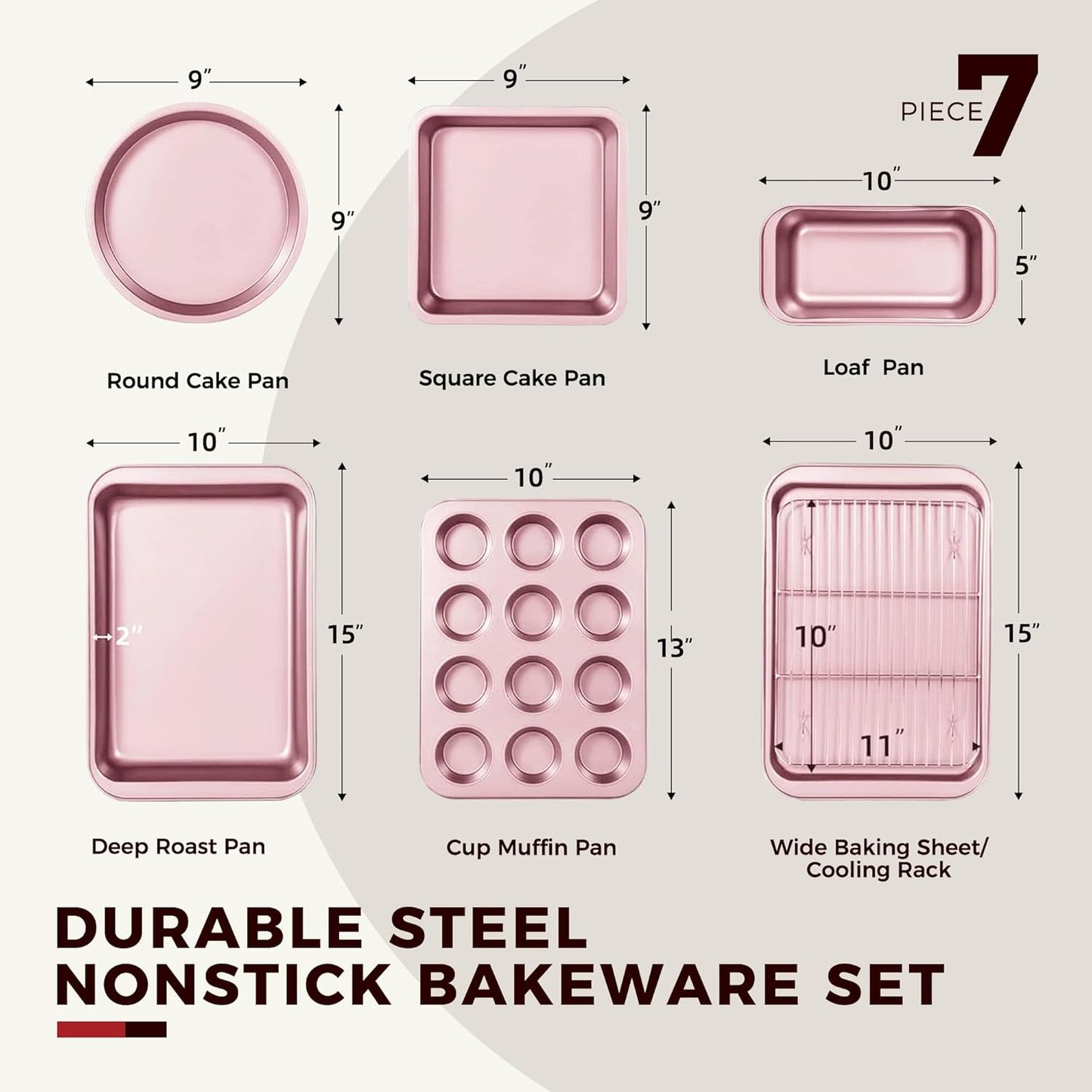 KITESSENSU Baking Pans Sets, Nonstick Bakeware Sets 7-Piece with Round/Square Cake Pan, Loaf Pan, Muffin Pan, Cookie Sheet, Roast Pan, Cooling Rack, Carbon Steel Bake Set Pink