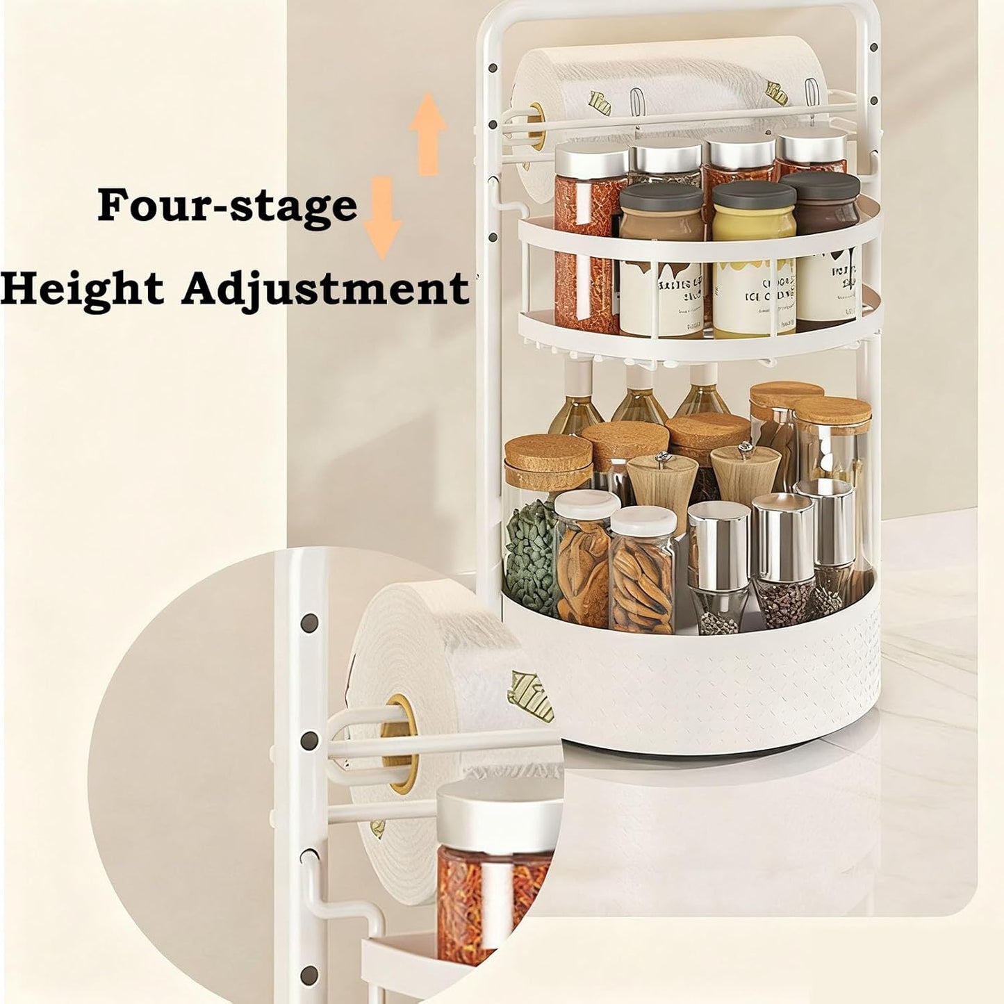 Lazy Susan Organizer, 360° Rotating Metal Spice Rack with Paper Towel Holder, Turntable Spice Holder for Condiments, Bottles, Jars, Suit for Kitchen Countertop & Cabinet, White