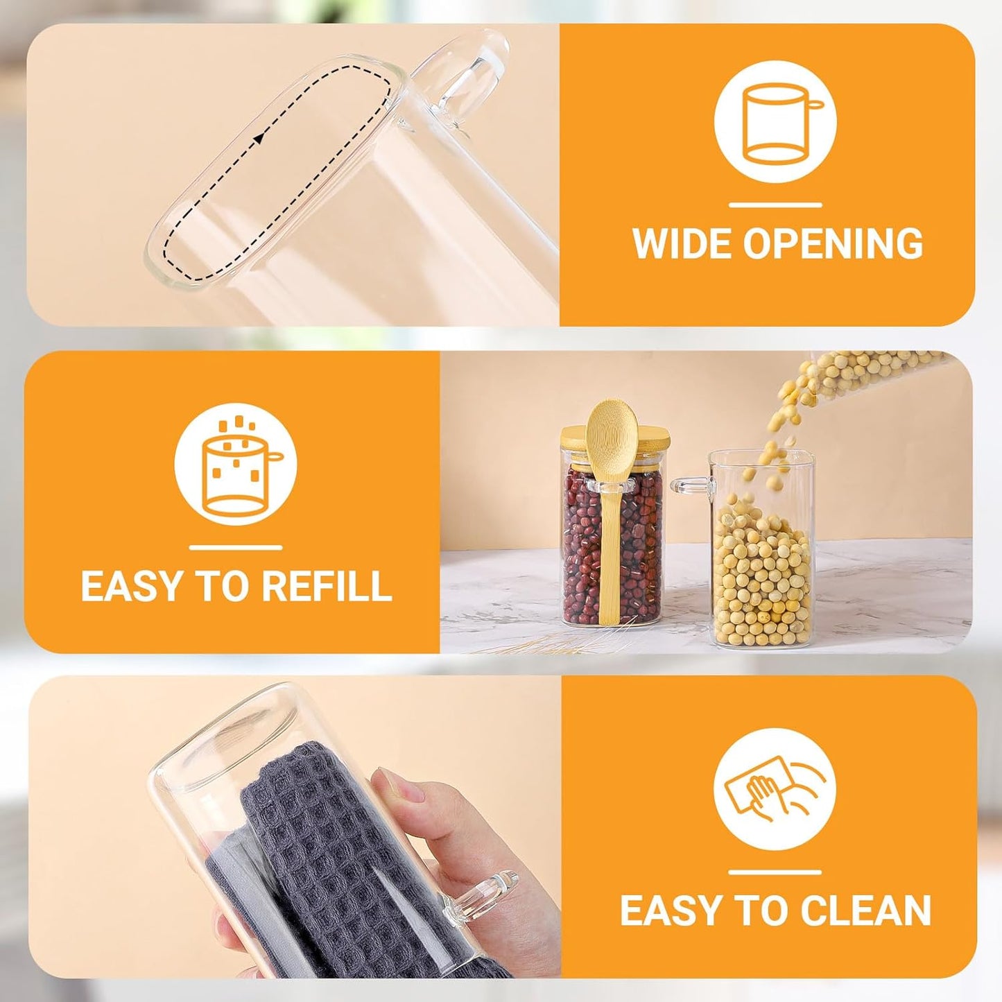 Glass Jars with Bamboo Lids Set of 4, 8 Fl.oz Square Glass Spice Jars with Lid and Spoon, Small Food Canister Stackable Pantry Container for Honey Jam, Seasoning, Tea, Coffee and Sugar