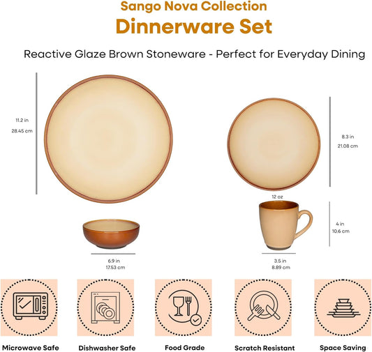 Sango 16-Piece Stoneware Dinnerware Set for 4, Reactive Glaze on Earthy Brown Plates and Bowls Sets, Ceramic Dish Set, Glossy Dishes & Coffee Mugs for Daily Dining, Microwave & Dishwasher Safe, Nova