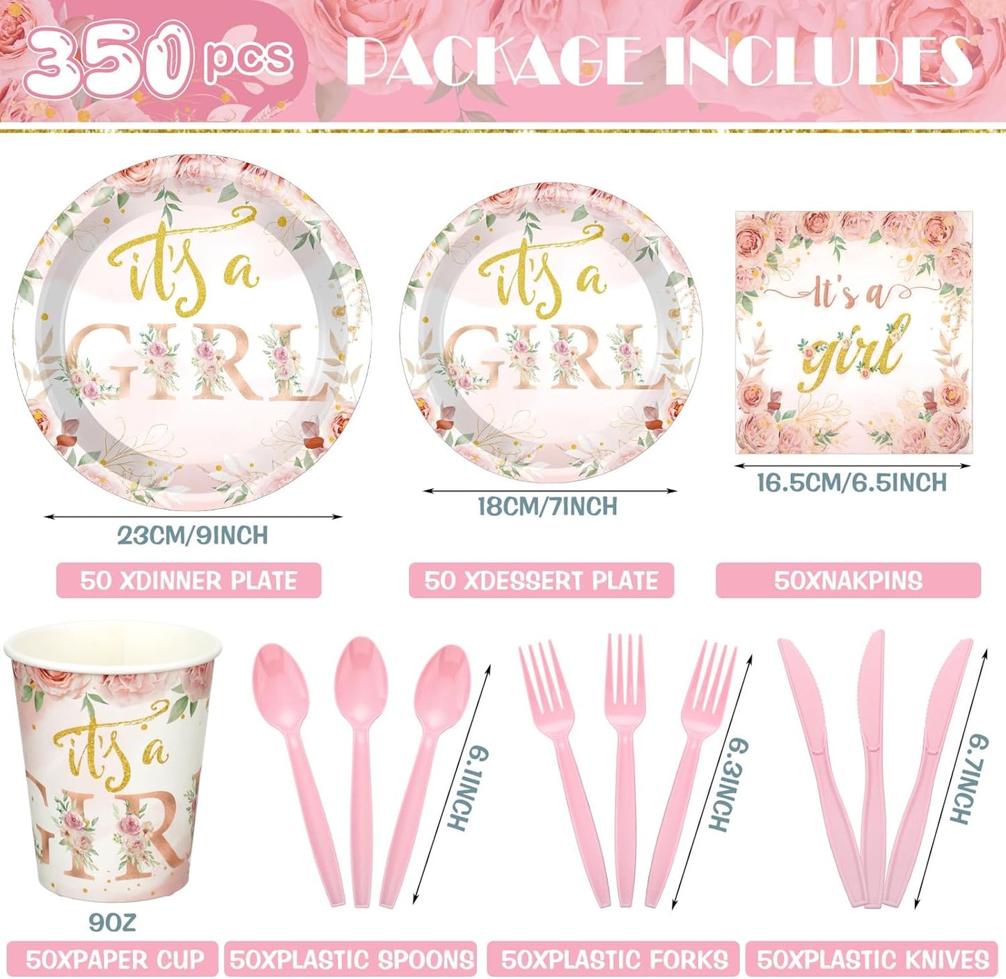 Dandat 350 Pcs Baby Shower Plates Set Baby Shower Party Supplies Serves 50 Tableware Sets Include Plates Napkin Cup Forks Knives Spoons Disposable Dinnerware(Floral,Pink)