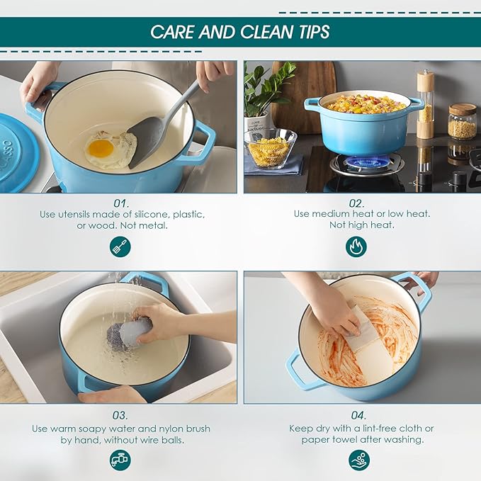 vancasso 7.5 QT Enameled Cast Iron Dutch Oven with Lid - Nonstick Enamel Coating, Tight-Sealing Pot for Bread Baking, Braising, Soups & Stews, Oven/Stovetop/Grill Safe, Blue