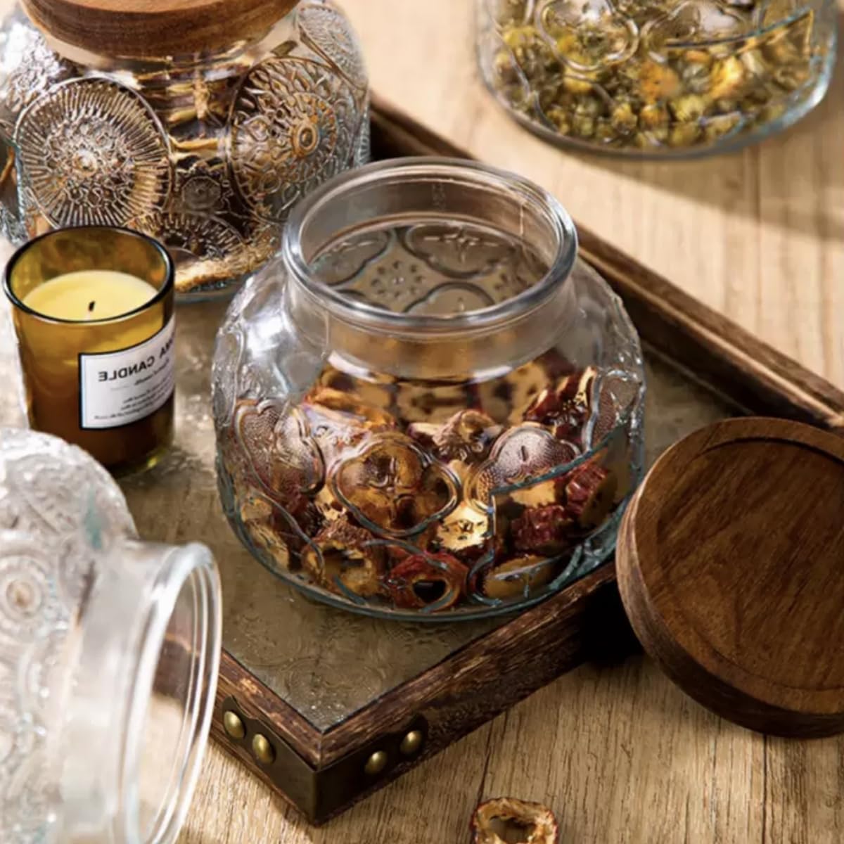 Vintage Glass Jar, 25.3 FL OZ Glass Food Storage Jar, Glass Canister with Wooden Lid, Decorative Glass Jar for Home Kitchen Coffee, Tea, Candy, Sugar Jar