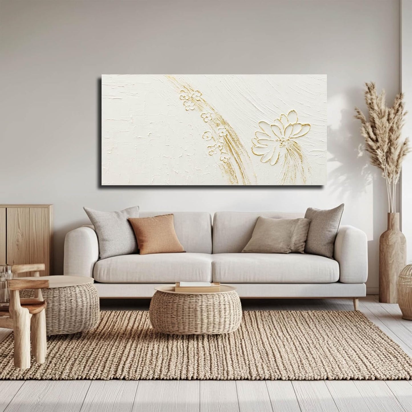 VAYIMDH Office Wall Art Flower Wall Decor Line Wall Painting 24"x48" Gold and White Canvas Paintings Wall Decorations for Bedroom