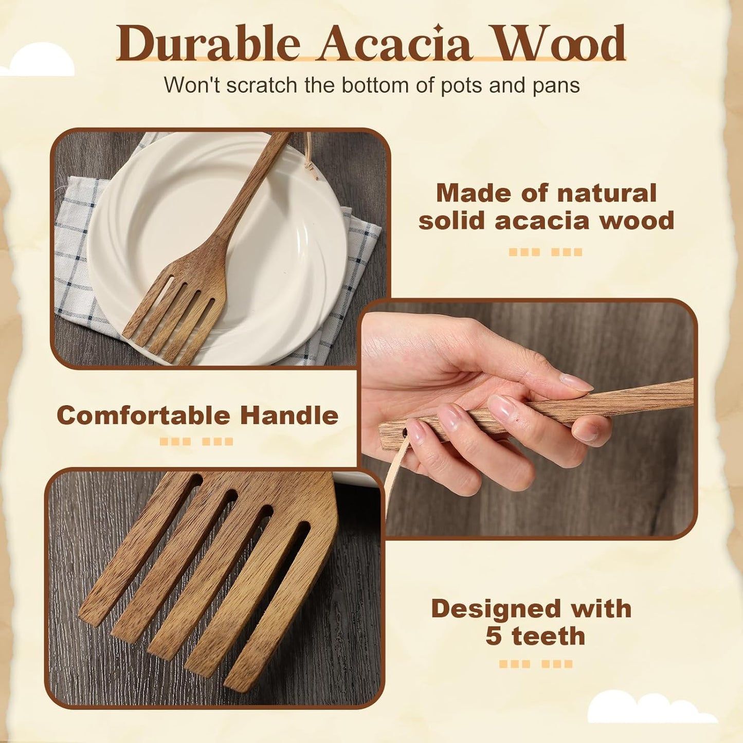Baderke 10 Inches Acacia Wooden Forks for Cooking Kitchen Baking Tool Five Tines Long Handle Wood Fork for Home Restaurant Kitchen Salad Pasta Grill Tasting Utensils