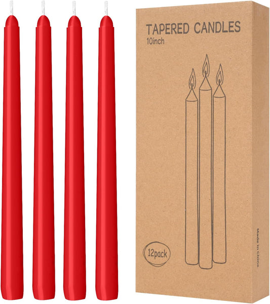 12 Pack Red Taper Candles - Taper Candles 10 Inch Dripless, Smokeless & Unscented - 8 Hours Long Burning - Hand Poured Tall Candlesticks - Ideal for Weddings, Dinner Parties, and Home Decor