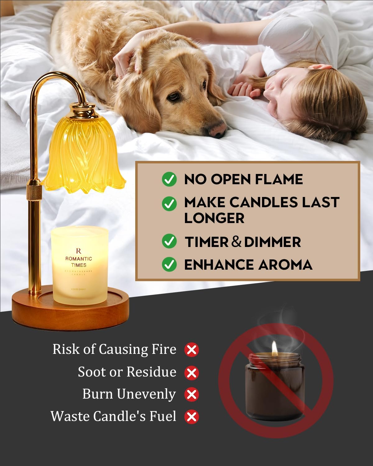 Candle Warmer Lamp, Gold Candle Lamp Warmer with Timer & Dimmer with 2 Bulbs, Dimmable, Christmas Gifts for Women Mom, House Warming Gifts New Home Bedroom Decor, Height Adjustable