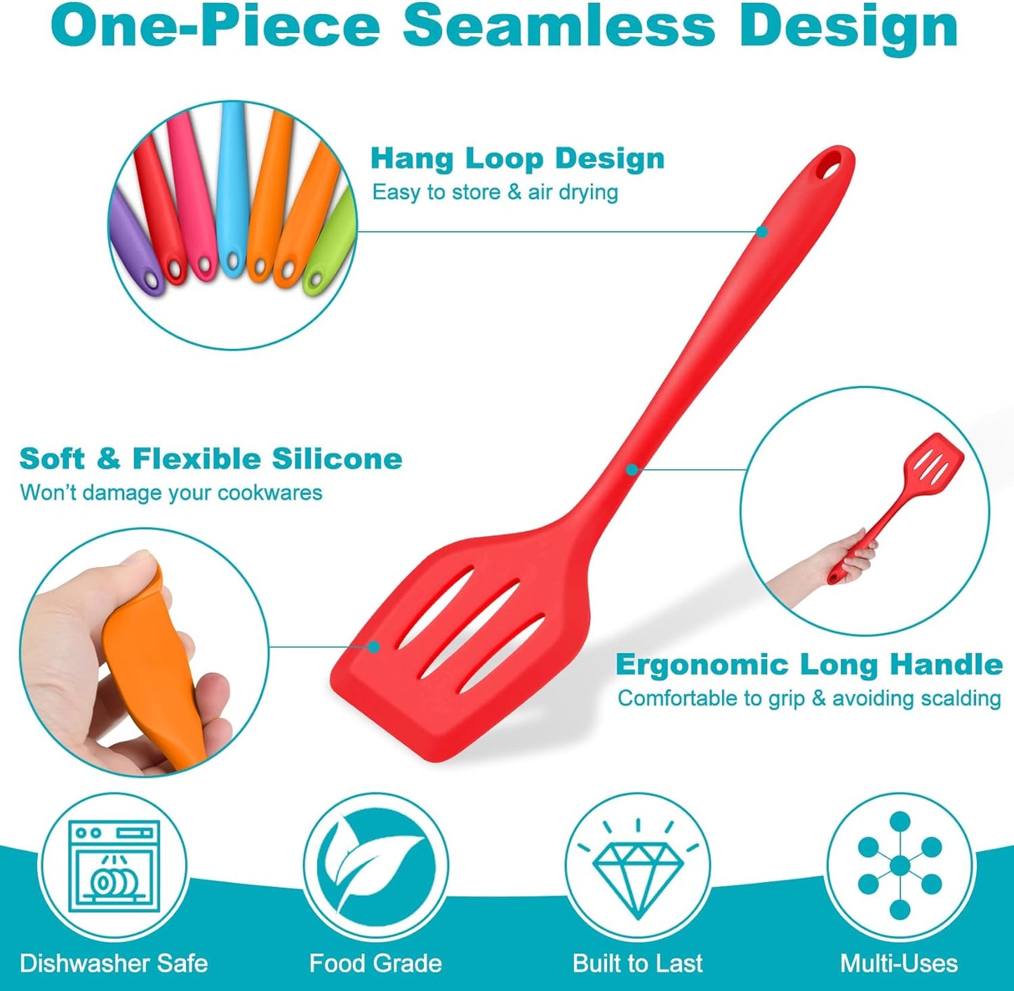 TeamFar Silicone Kitchen Utensils, 7-Piece Kitchen Cooking Utensil Set with Turner Spoon Spatula Ladle, Perfect for Baking Cooking Mixing, Heat-Resistant & Non-Toxic, Dishwasher Safe & Multi Colored