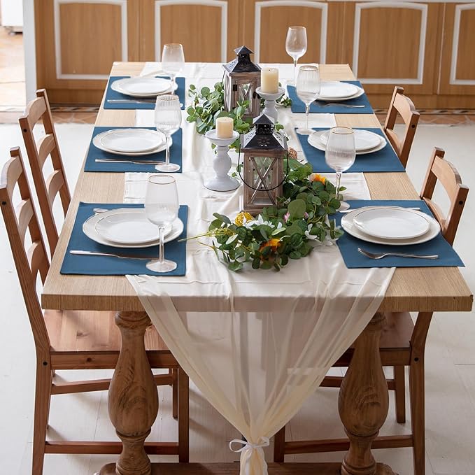 Linen Fabric Placemats Set of 4, Machine Washable, Heat Resistant, Wrinkle Free, Thick Polyester Kitchen Place Mats for Dining Table (Navy Blue)