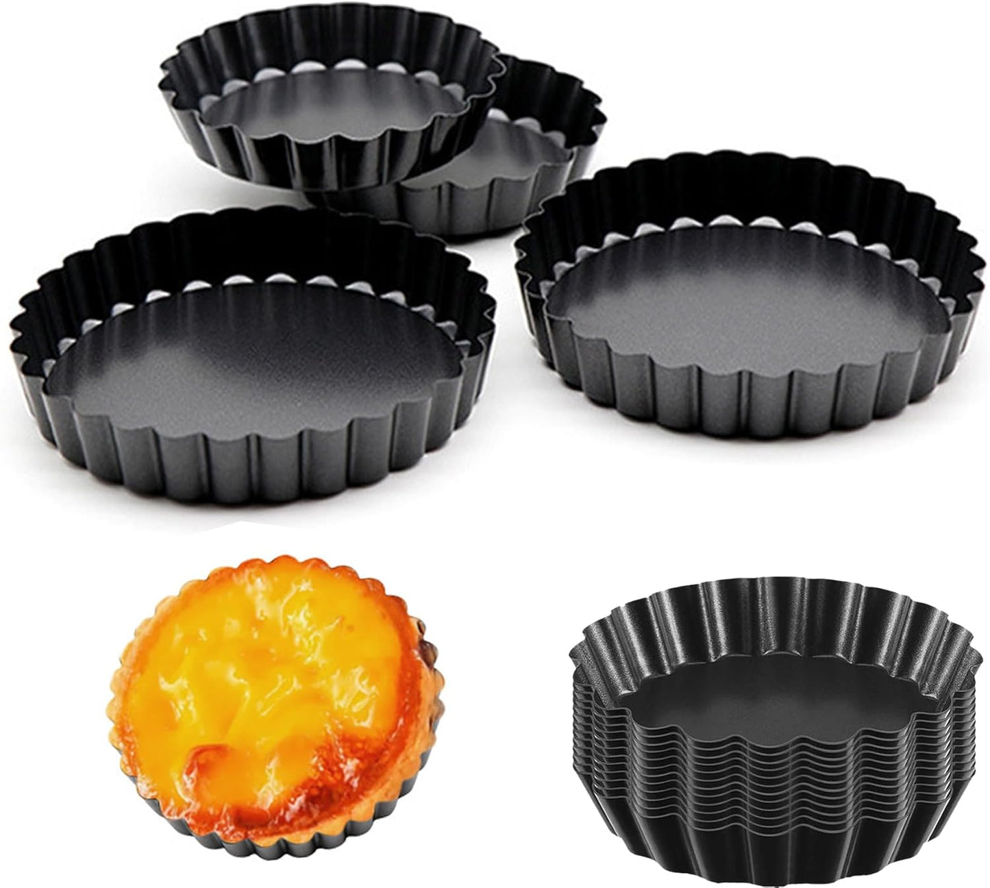 Mantouxixi 4 Inch 12 Packs Egg Tart Molds with Removable Bottom, Non-Stick Pan Carbon Steel Pie EggTart Molds, Muffin Cupcake Pudding Baking Cakes Cup Maker