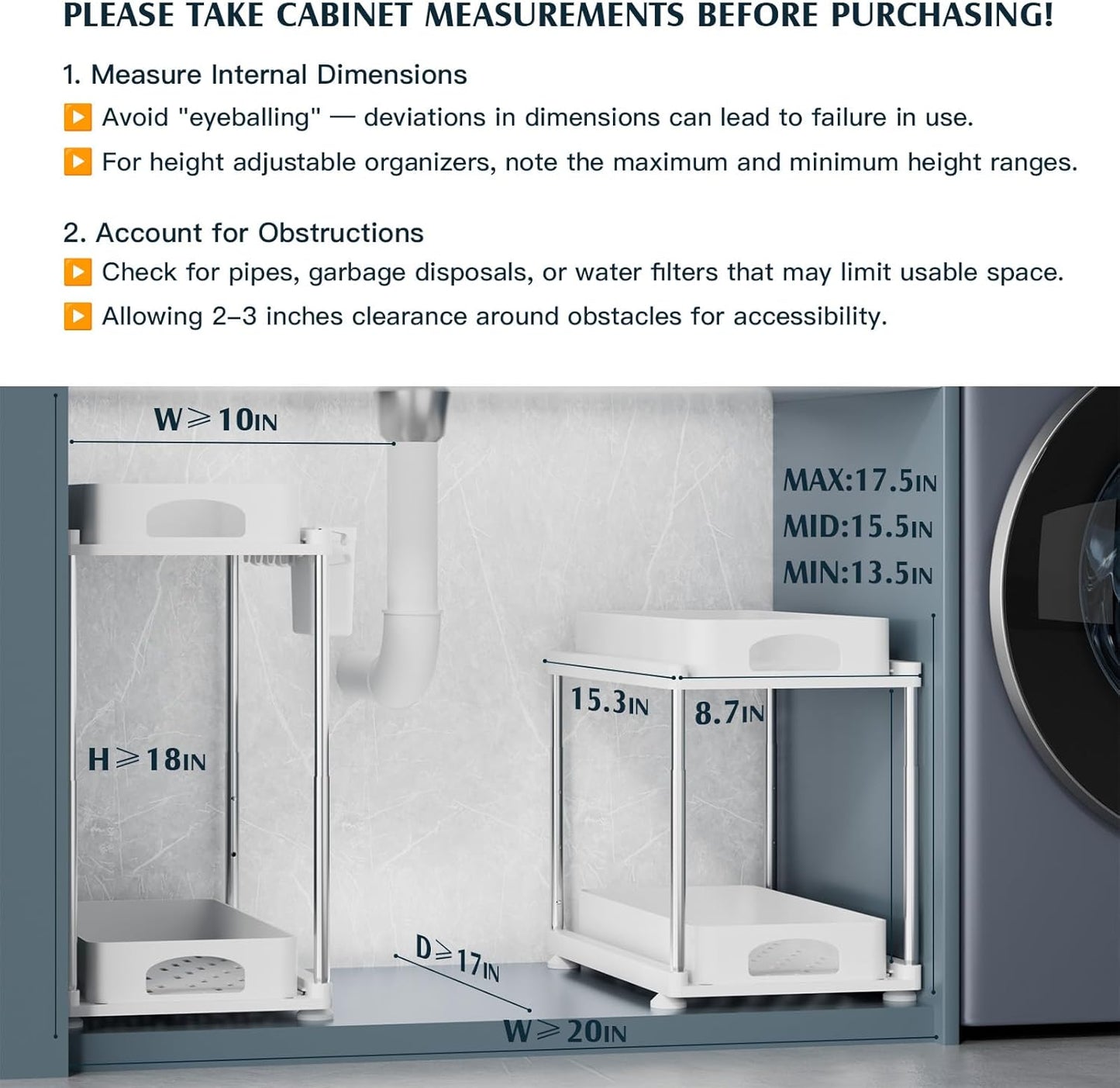 2 Pack Under Sink Organizers and Storage, Double Sliding Kitchen Cabinet Organizer, 2 Tier Height Adjustable Countertop Organizer for Kitchen Bathroom Laundry, White