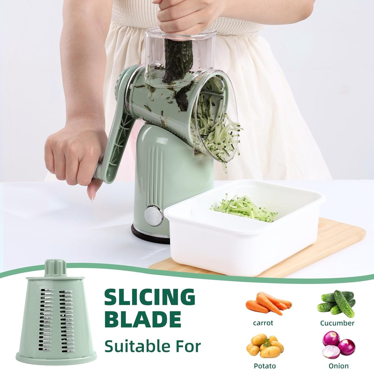 Rotary Cheese Grater with Handle, Vegetable Shredder with 5 Replaceable Blades & Strong Suction Base, Round Food Slicer & Chopper for Kitchen Fruit Vegetables Nuts with Blade Storage Box (Green)
