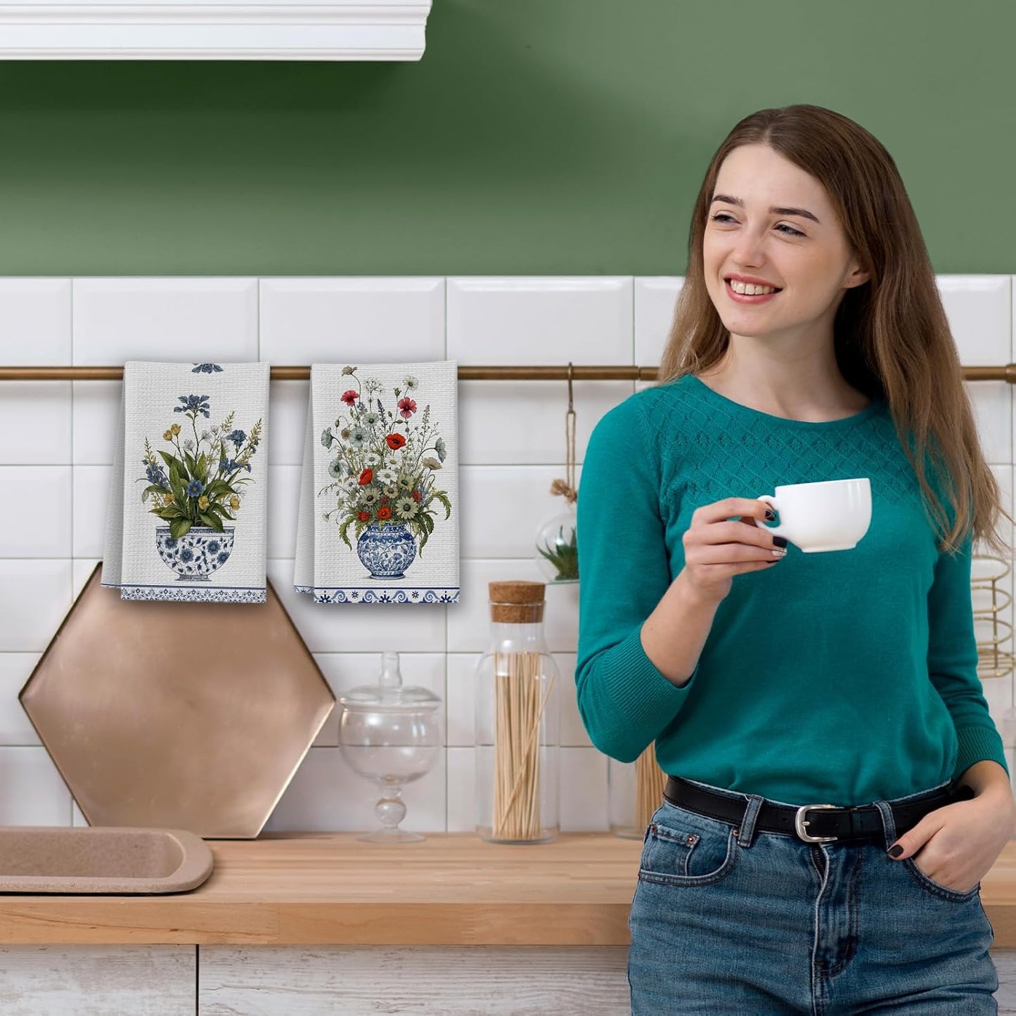 Colorful Flowers Kitchen Towels, Porcelain House Hand Towel Set of 2, Chinoiserie Gifts for Home Bathroom Holiday Decor - A09