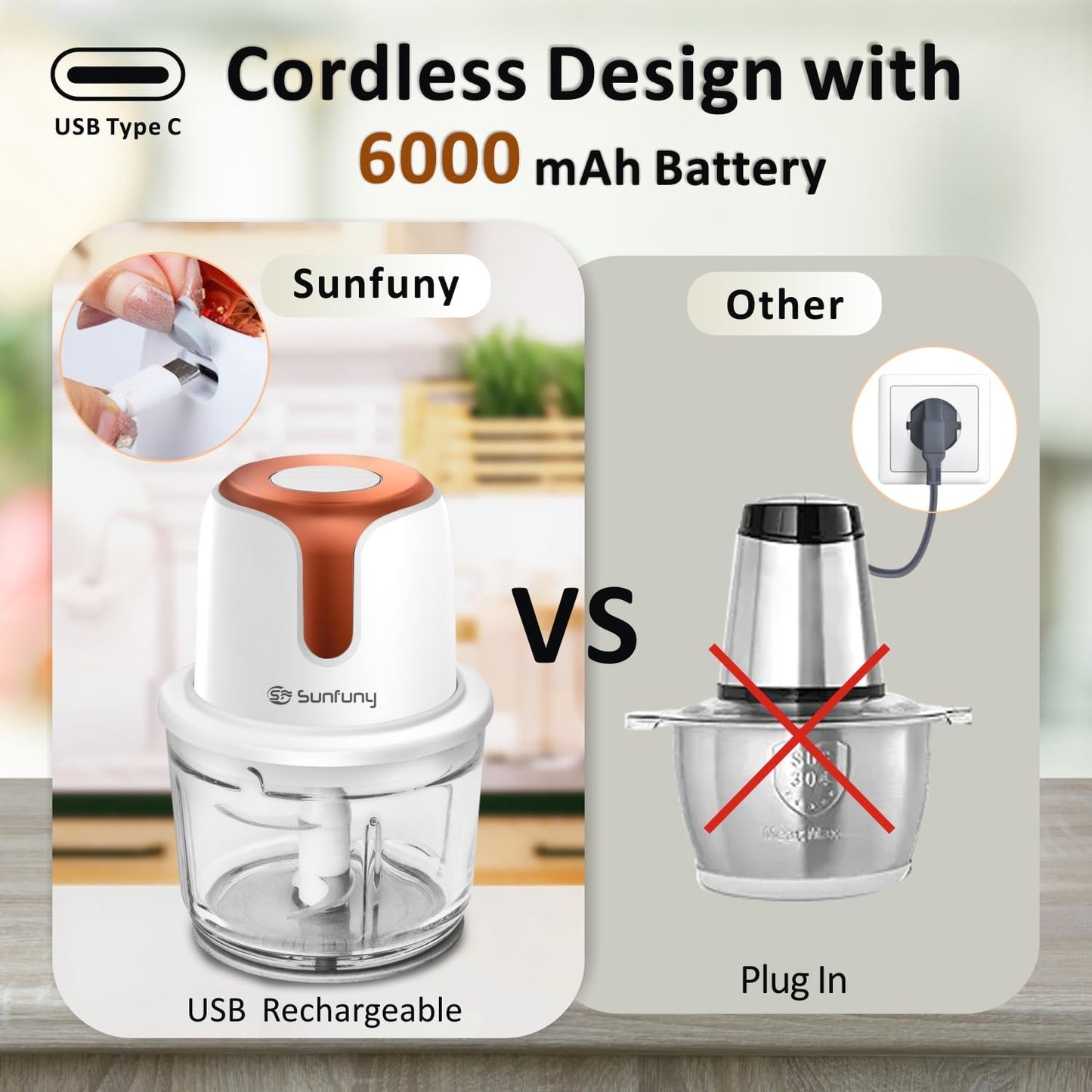 Sunfuny Cordless Food Processor, Mini Food Chopper Wireless with 5-Cup Glass Bowl, 6000mAh Battery USB-C Rechargeable Vegetable Chopper, Electric Meat Blender Garlic Grinder Kitchen Mixer (Rose Gold)