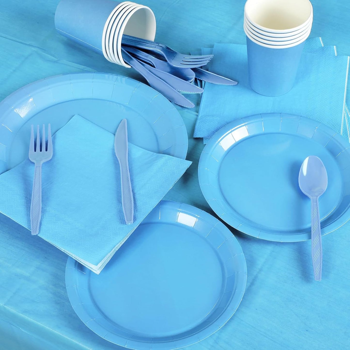 TWOWYHI 229PCS Light Blue Party Supplies Set Paper Disposable Plates Cups Plastic Spoons Forks Knives Light Blue Napkins for 30 Guests Disposable Party Dinnerware Sets for Wedding Birthday Parties