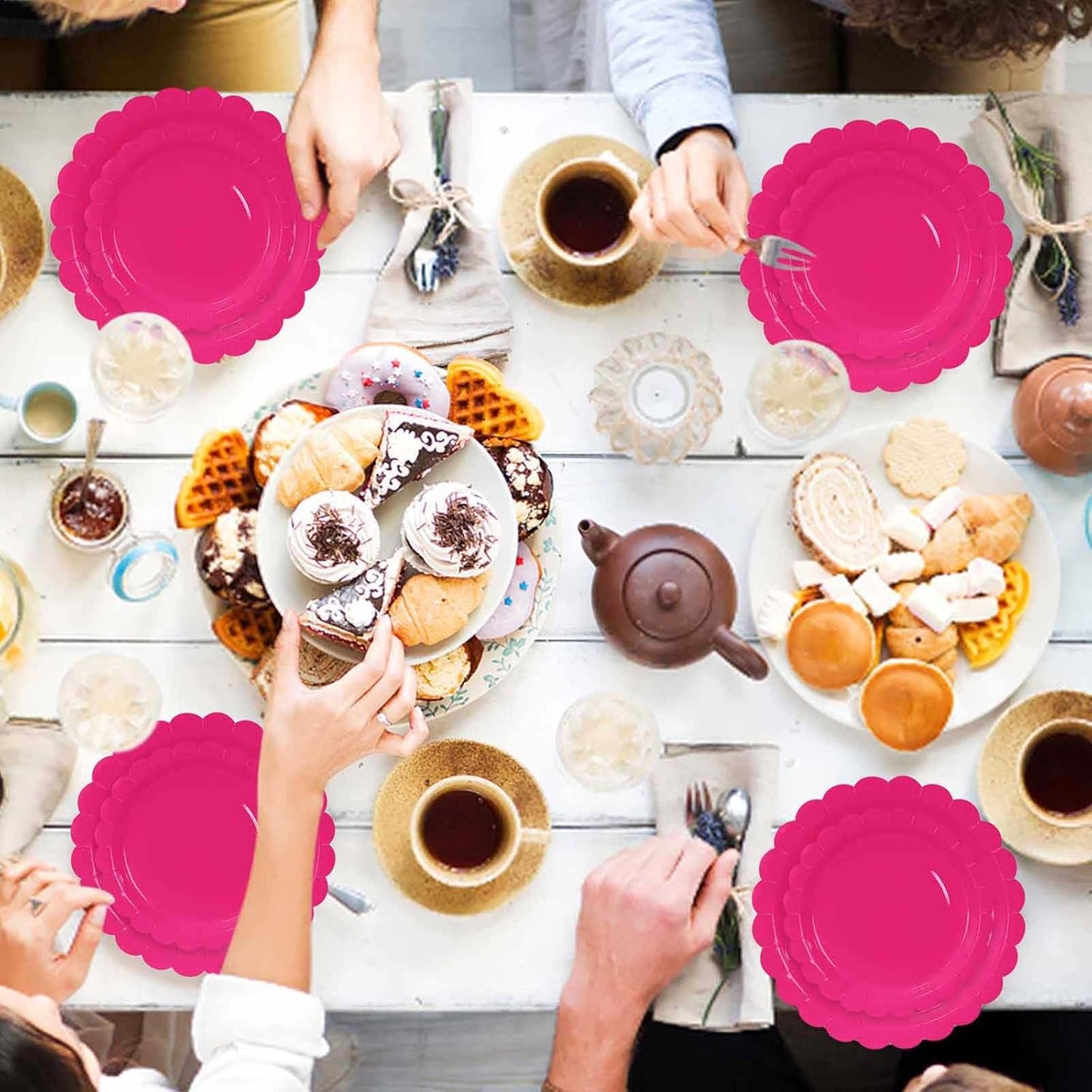 50 Pcs Hot Pink Scalloped Paper Plates 25 × 7'' and 25 × 9'' Disposable Hot Pink Scalloped Dinner Plates for Wedding Baby Shower Birthday Party Disposable Dessert Plate