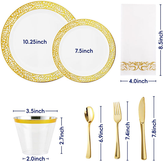 210 Count Gold Plastic Dinnerware, Gold Disposable Plates, Includes: 30 Dinner & 30 Dessert Plates & 30 Cups & 30 Paper Napkins & 30 Plastic Silverware Set