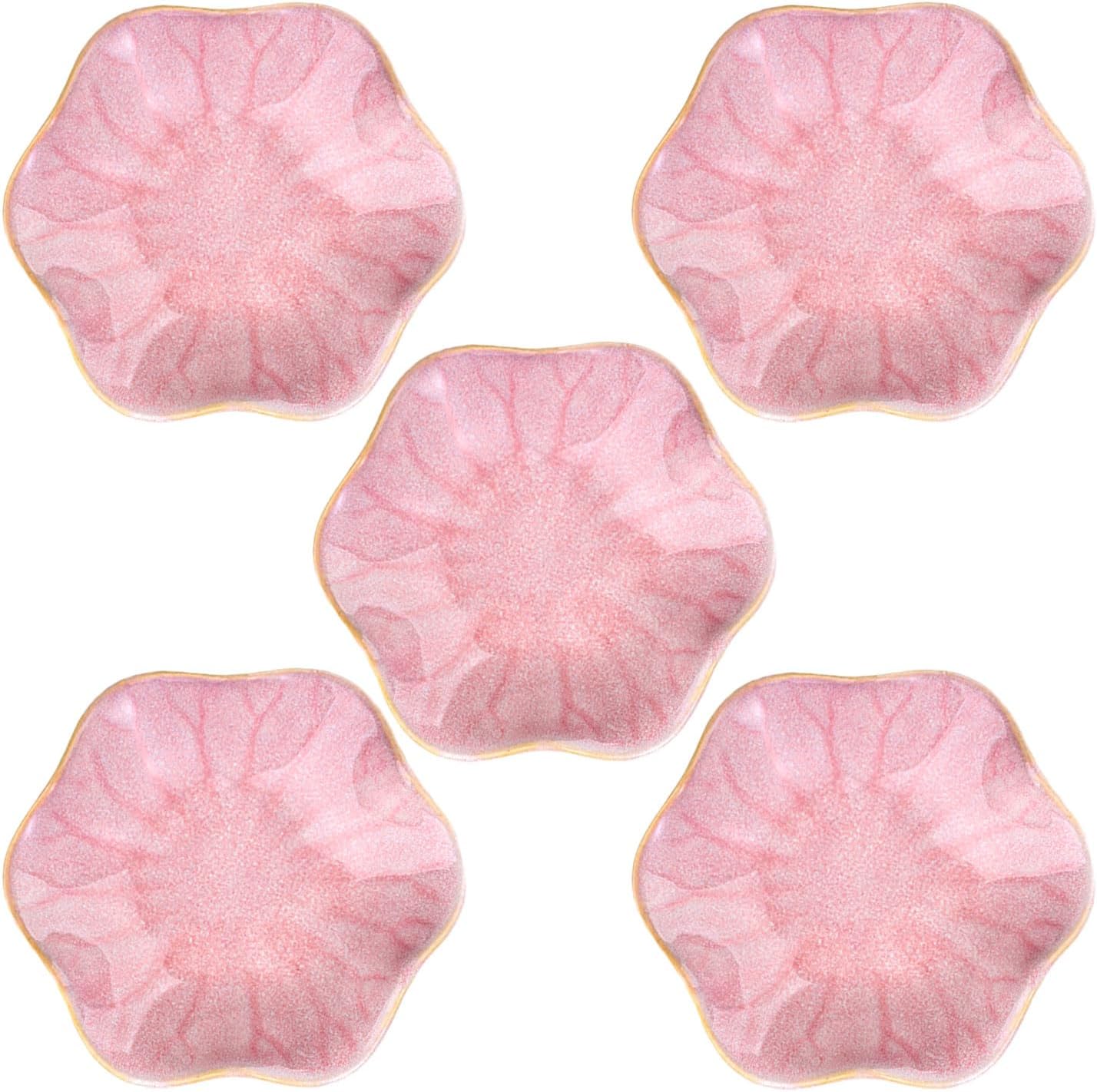 VanEnjoy Pink Flower Plates Ceramic Floral Dishes Small Dipping Sauce Cups Soy Sauce Dish Prep Bowls - Set of 5