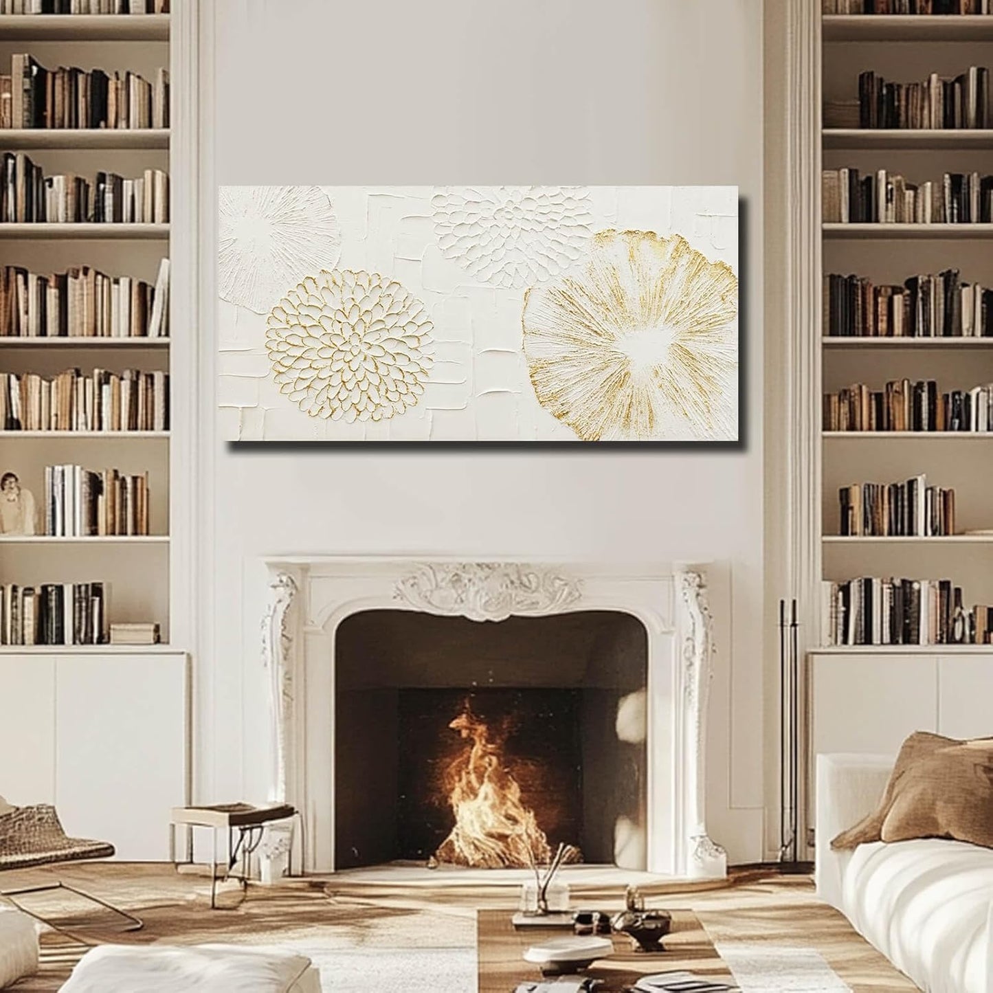 VAYIMDH White and Gold Wall Decorations Flower Wall Paintings Neutral Wall Art 29"x58" Over The Bed Wall Decor for Bedroom Kitchen Pictures