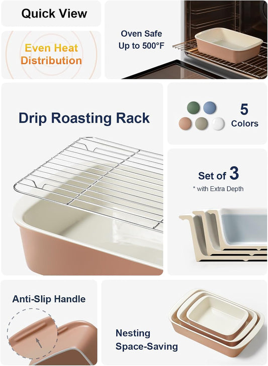 LE TAUCI Deep Casserole Dishes for Oven, 13.7”x9.6” Ceramic Baking Dish Set with Roasting Racks, Large Lasagna Pans with Handles, Rectangular Bakeware as Gift for Mom, Dusty Pink(4.6QT/3.0QT/1.6QT), Set of 3