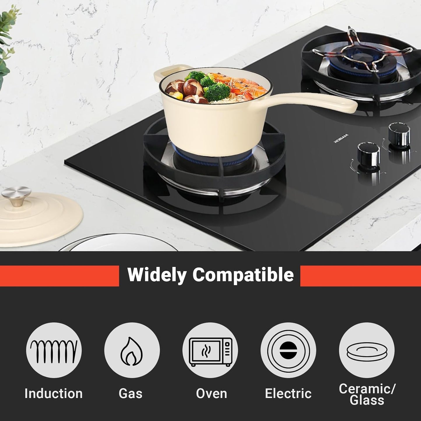 Enameled Cast Iron Sauce Pan, 2 Quarts Round Sauce Pot with Lid, Mini Dutch Oven Enamel Saucepan for Cooking Pasta Sauce, Marinate, Cook, Refrigerate and Serve, Cream White