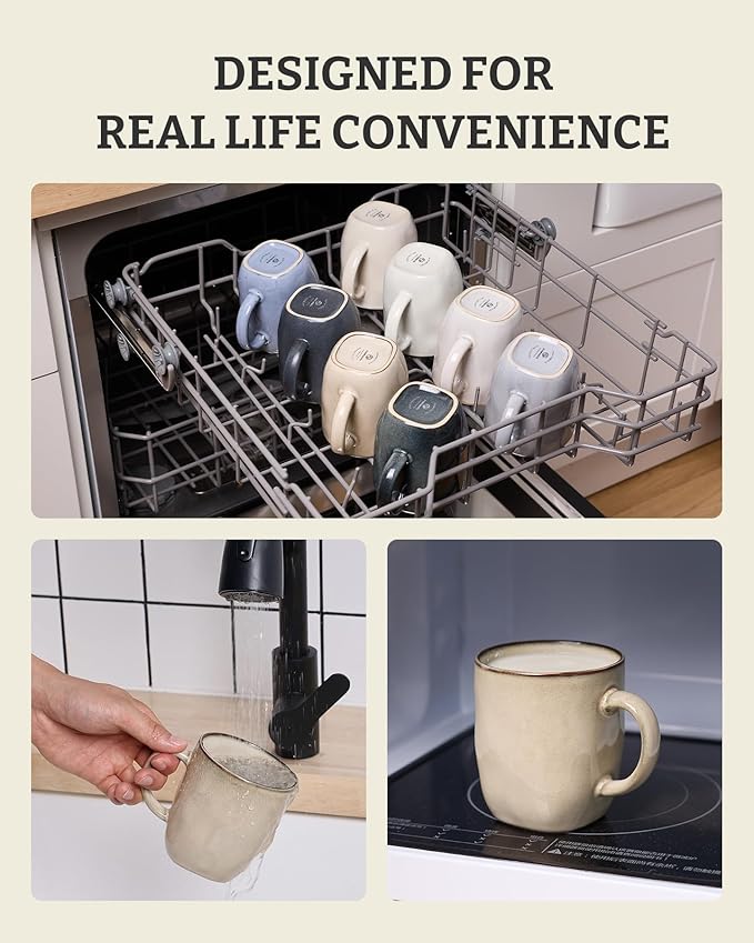 famiware Coffee Mugs Set of 4, Ocean Square 13oz Coffee Cup Set with Handle for Cocoa, Milk, Hot Chocolate, Tea, Water, Stoneware Cups for Kitchen, Microwave and Dishwasher Safe, Light khaki