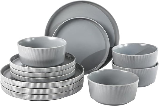 Gibson Home Dempsey Road 12-Piece Stoneware Dinnerware Set – Service for 4, Round Grey Plates and Bowls, Durable Solid Color Modern Embossed Dish Set, Microwave & Dishwasher Safe