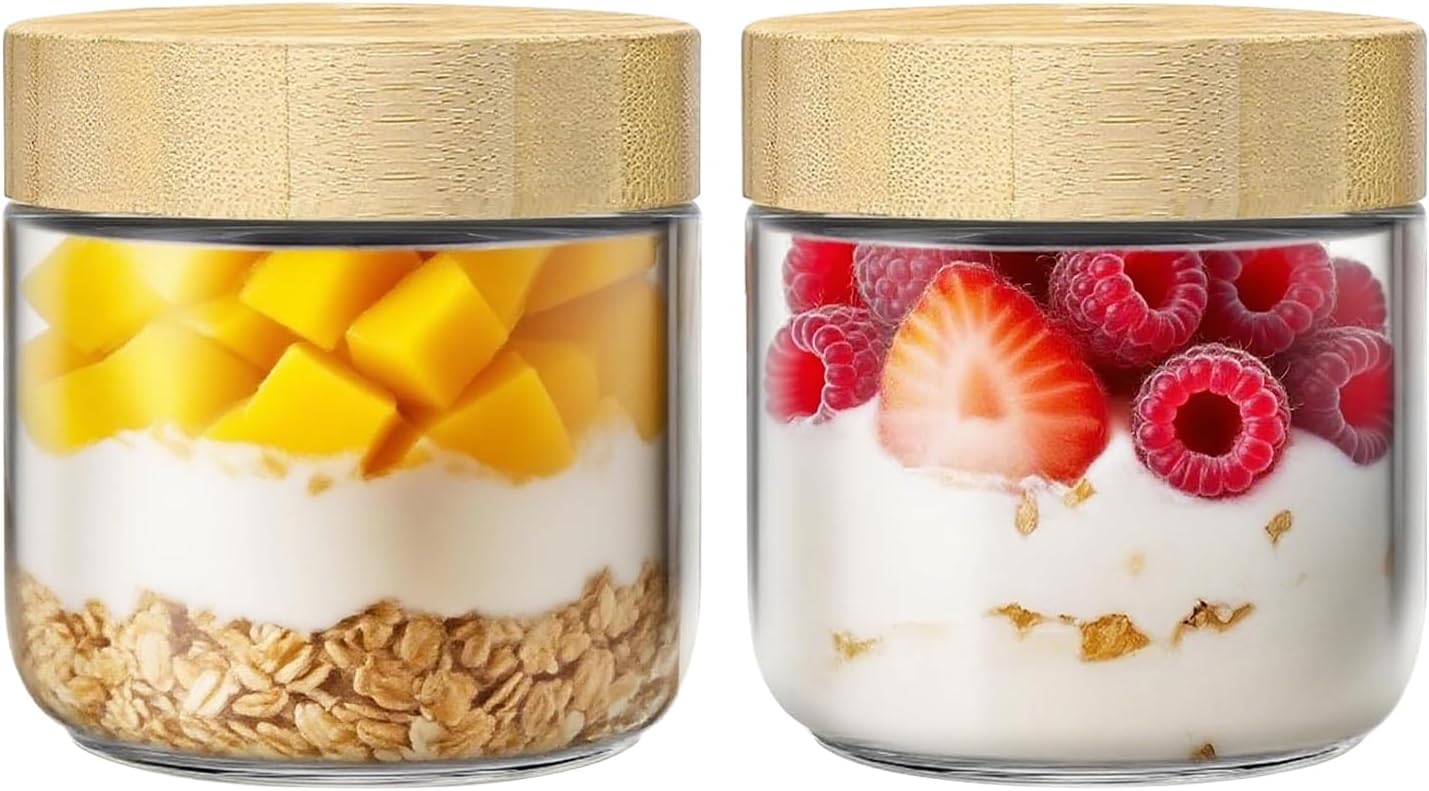 2 Pack 10oz Glass Jars with Bamboo Lids, Overnight Oats Containers with Airtight Lids, Storage Containers Wide Mouth Mason jars for Salad,Yogurt, Sugar, Snacks, Spices