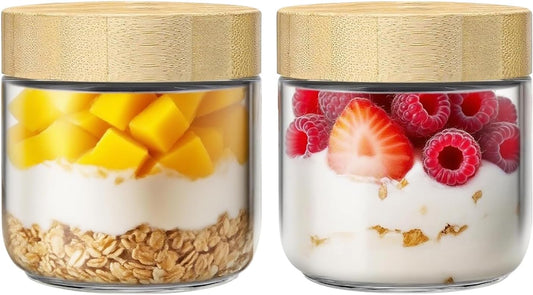 2 Pack 10oz Glass Jars with Bamboo Lids, Overnight Oats Containers with Airtight Lids, Storage Containers Wide Mouth Mason jars for Salad,Yogurt, Sugar, Snacks, Spices