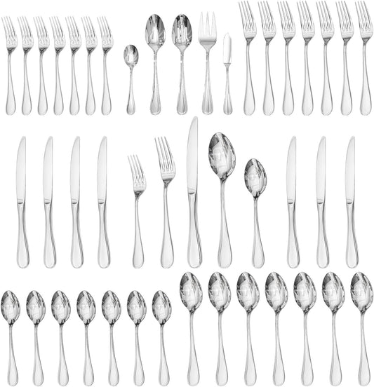 KINGSTONE 45 Piece Silverware Set for 8 with Serving Utensils, 18/10 Stainless Steel Flatware Set, Modern Design Cutlery Set for Home/Hotel/Wedding,Mirror Polished and Dishwasher Safe