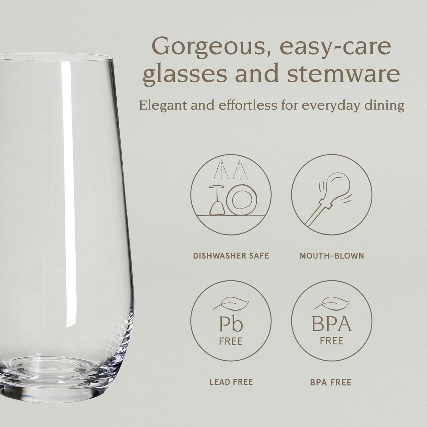 over&back 19oz Traditional Glassware - Set of 4 Classic Stemless Drinking Glasses for Parties, Get-togethers, and More - Mouth-Blown - Wine Cups for Kitchen and Dining Room - Clear