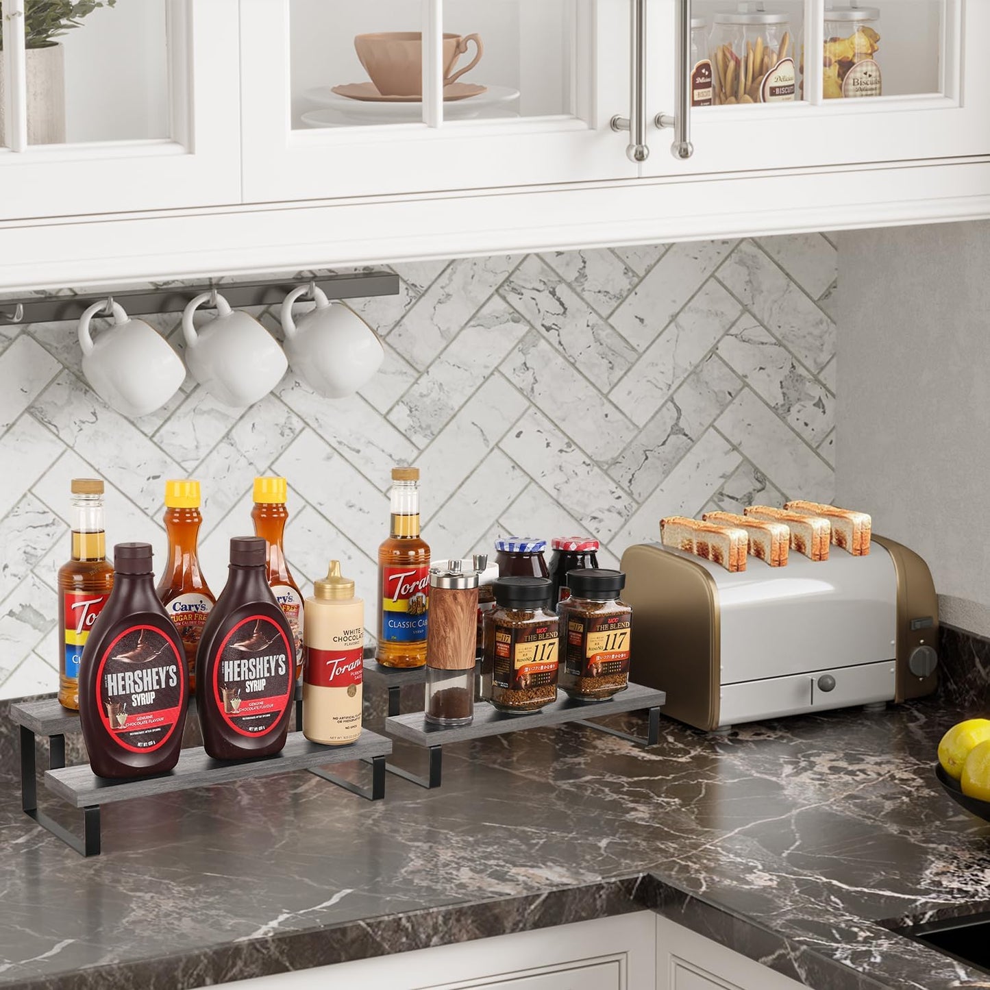 YINMIT Wooden Display Riser Stand, Tiered Perfume and Cologne Organizer Stand, 2 Tier Spice Rack Organizer, Rustic Display Shelf for Candles (2 Tier,2Pack,Grey)