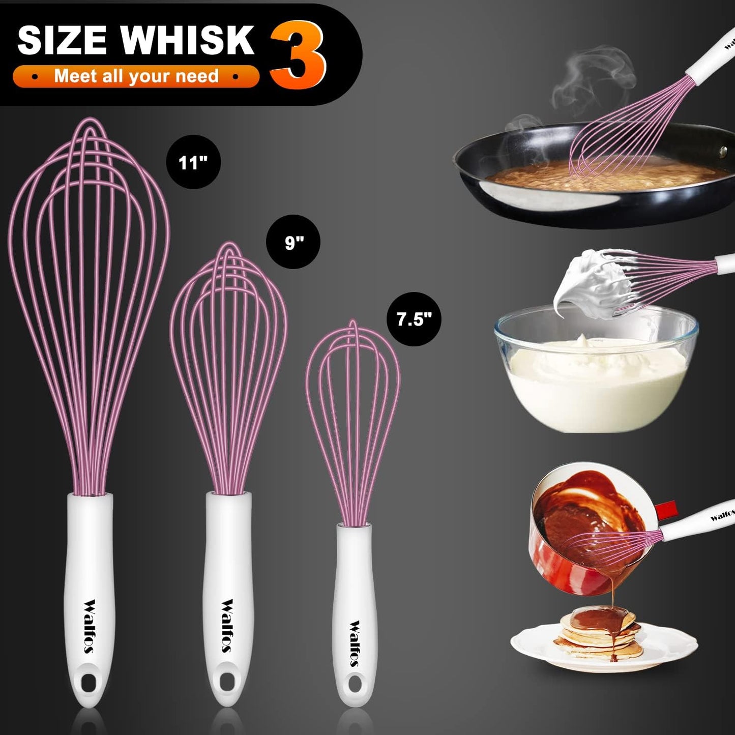 Walfos Whisk, Silicone Whisks for Cooking & Baking Non Scratch Rubber Coated Pink Whisk for Non-stick Wisk, Perfect for Frothing, Blending, Beating and Whisking (3pack Pink)