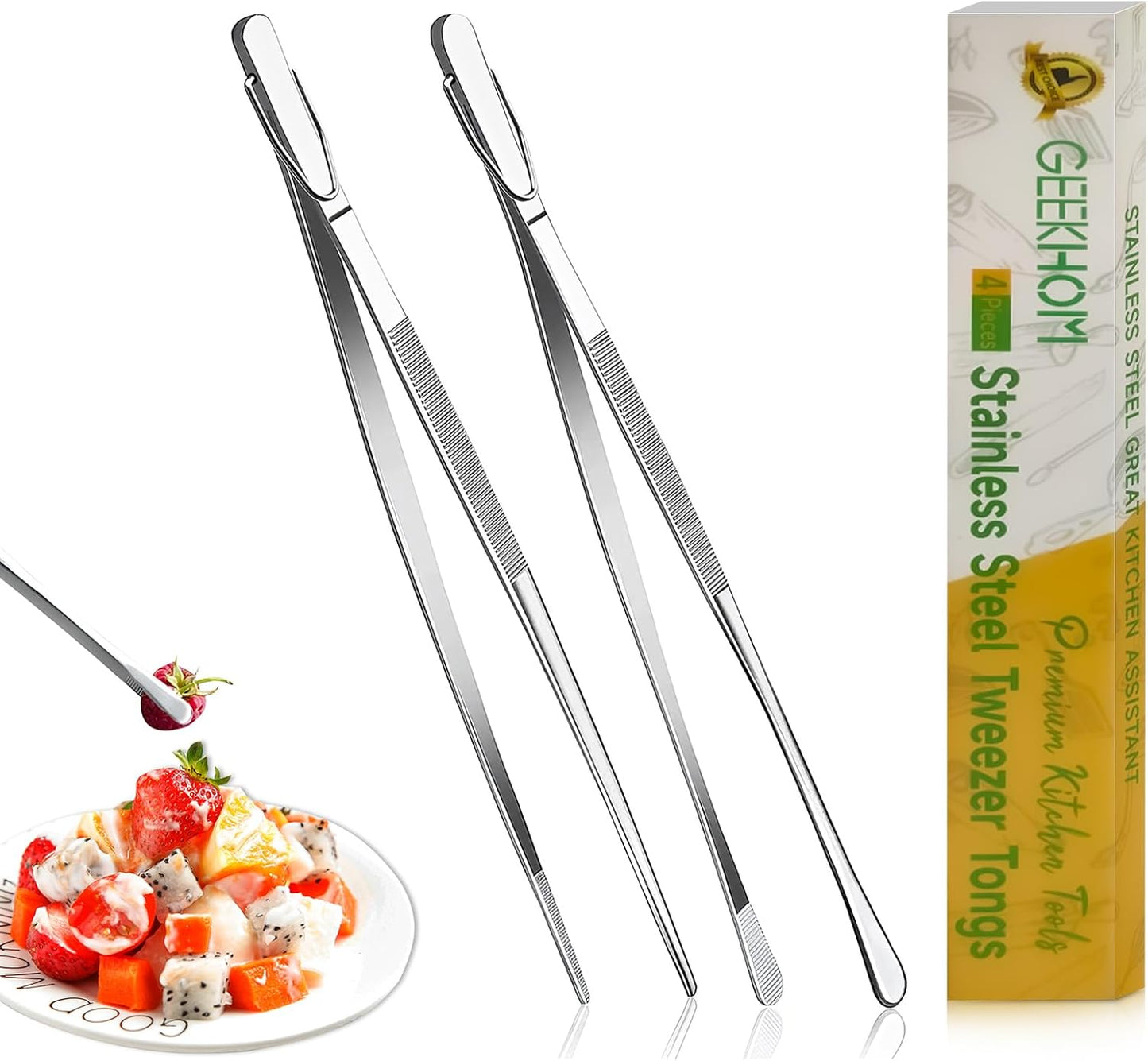 GEEKHOM 2 Pcs 12" Stainless Steel Tweezer Tongs, Silver Kitchen Utensils for Multi-Purpose Cooking, Frying, Garnish, Air Fryer & Camping