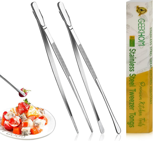 GEEKHOM 2 Pcs 12" Stainless Steel Tweezer Tongs, Silver Kitchen Utensils for Multi-Purpose Cooking, Frying, Garnish, Air Fryer & Camping