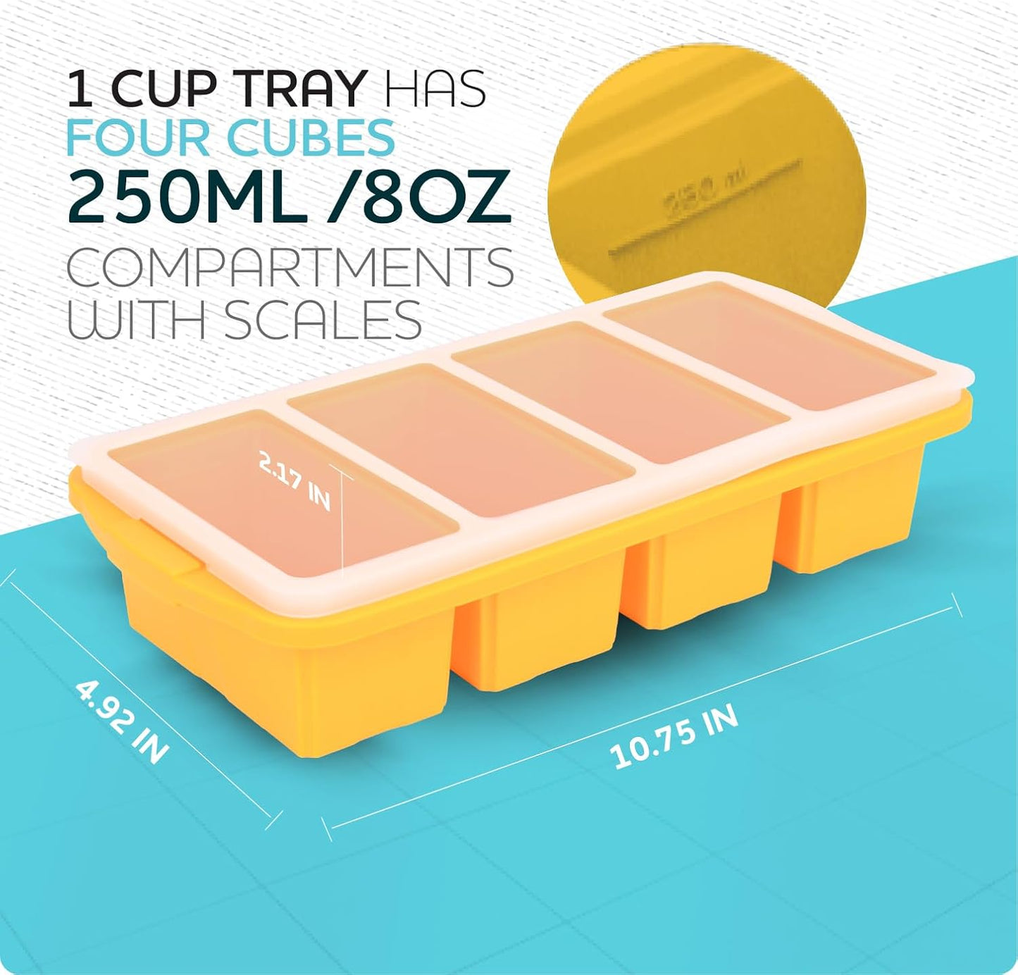 Silicone Freezer Tray With Lid - Soup Freezer Container molds - Large Ice Cube Tray- makes 8 perfect 1 cup portions cubes, 2-Pack Freezer Storage Food Soups & Meal Prep - Oven & Dishwasher -Safe