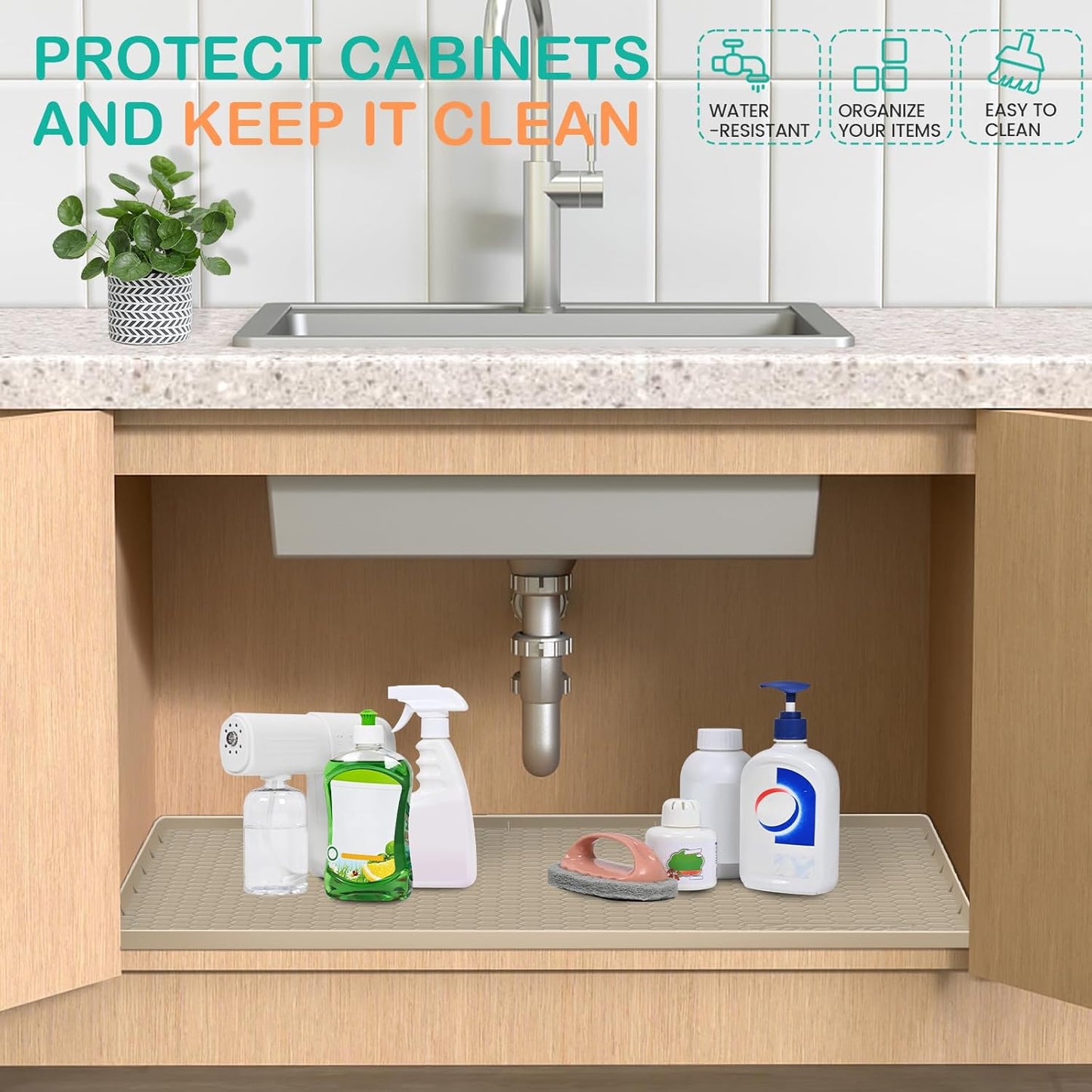 Waterproof Under Sink Mat 28" x 22", Silicone Cabinet Liner, Rubber Protector for Kitchen and Bathroom, Keeps Cabinets Clean, Dry, and Organized (Khaki)