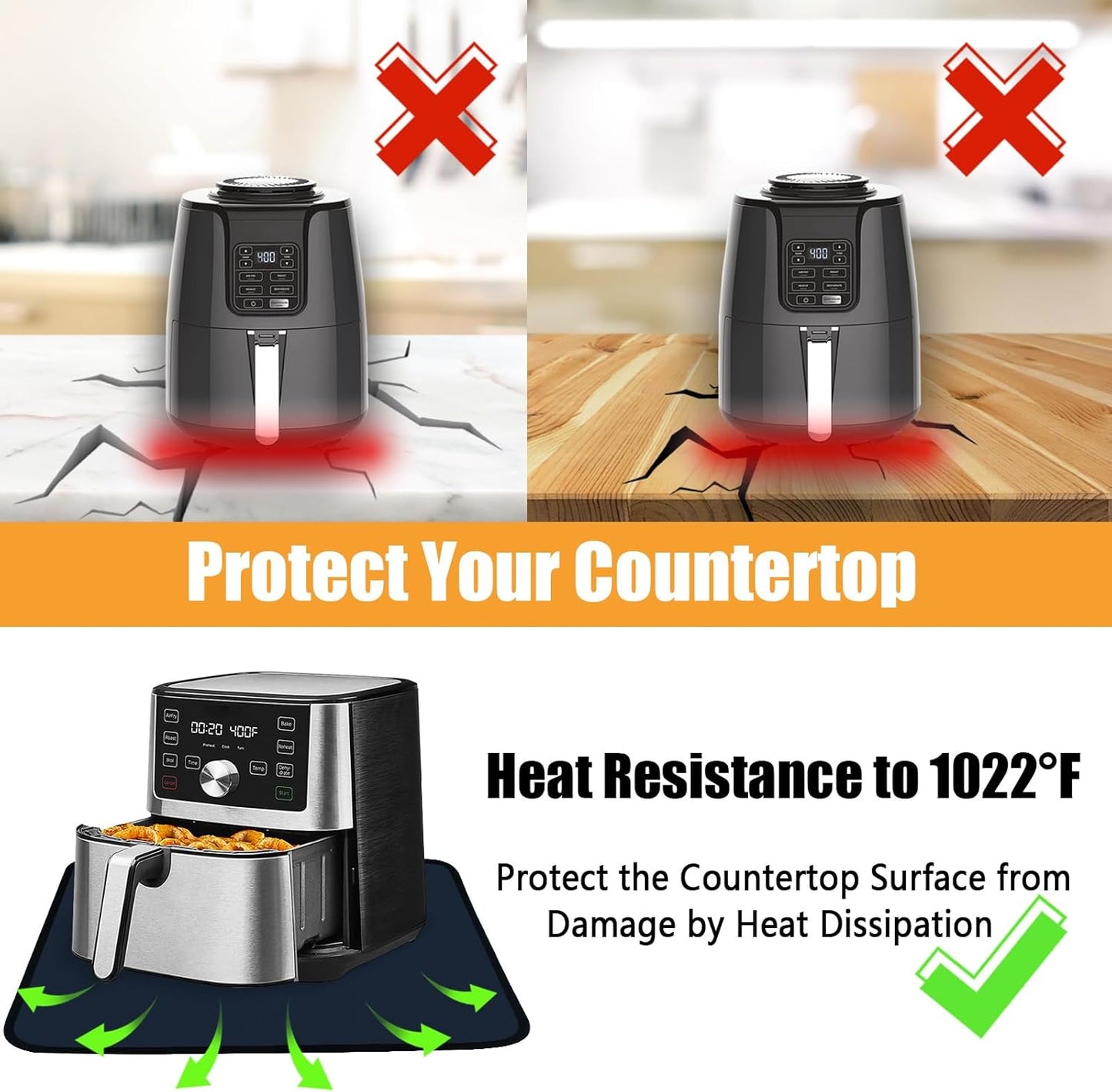 Heat Resistant Mat for Air Fryer, 16 x 24in Heat Resistant Mat for Countertop, Fireproof Silicone Countertop Protector Appliance Slider Mat for Air Fryer, Coffee Maker, Toaster, Oven - Blue