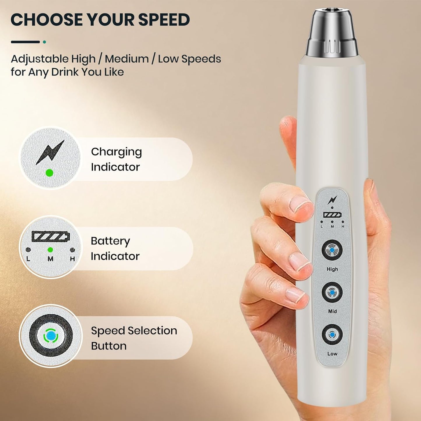 Milk Frother Handheld Rechargeable, Frother Wand Drink Mixer Electric Whisk for Coffee, Detachable With 3 Stainless Whisks, Hand Mixer for Lattes, Cappuccino, Matcha, Egg, No Stand, Beige