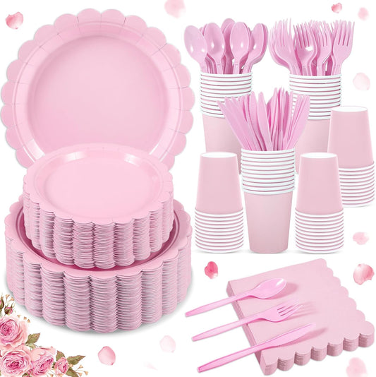 350 Pcs Pink Paper Plates and Napkins, Light Pink Party Supplies Include Scalloped Plates Napkins Cups Plastic Spoons Forks Knives for Baby Bridal Shower, Wedding, Birthday