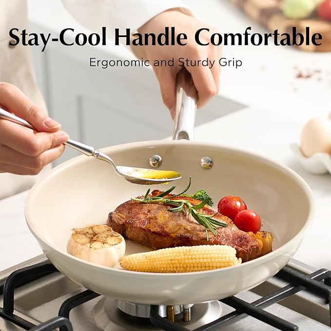 Redchef Nonstick Frying Pans Set, Ceramic Pan Skillet, Non Toxic Pans for Cooking, 8" 9.5" 11" Ceramic Frying Pan Set PFAS & PTFE & PFOA Free with Stay Cool Handle, Dishwasher & Oven Safe, Beige White