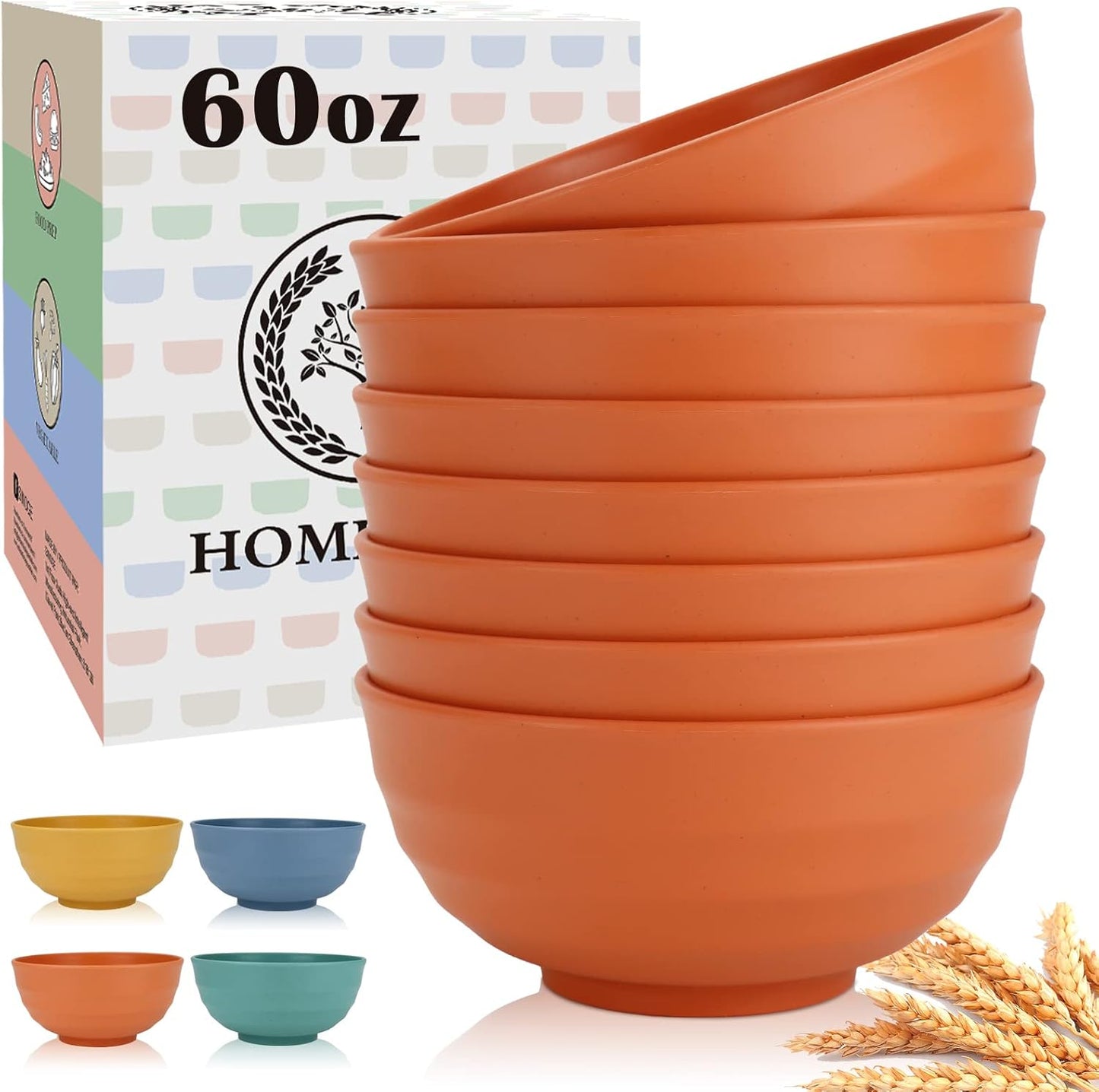 Homienly 60 OZ Large Salad Bowls,Wheat Straw Bowls Set of 8,Large Serving Bowl for Wedding Parties, Microwave and Dishwasher Safe Bowl for Salad,Soup,Big Bowls for Kitchen-Orange