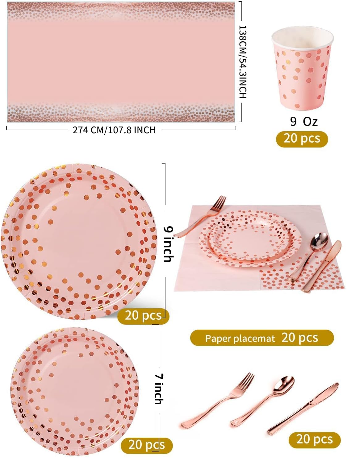 141 Pieces Pink and Rose Gold Party Supplies, Party Dinnerware Sets Include Paper Plates Napkins Cups Silverware, for Wedding Bridal Shower Engagement Birthday Parties Decoration -20 Serves