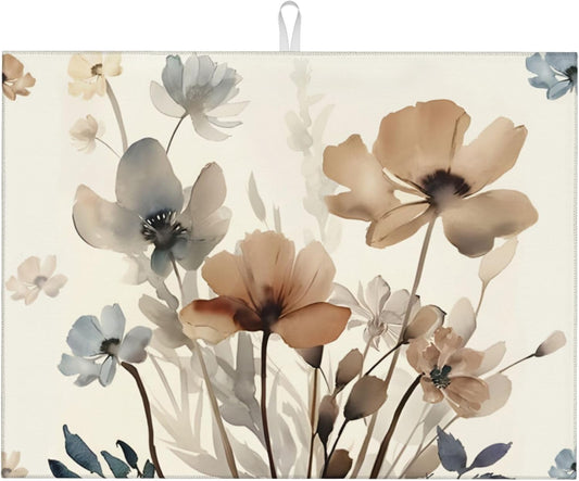 Floral Dish Drying Mat for Kitchen Counter, 18 x 24 Inch Microfiber Spring Summer Dish Mats for Drying Dishes, Absorbent Flowers Dish Drying Pad Kitchen Decor Rack Mat