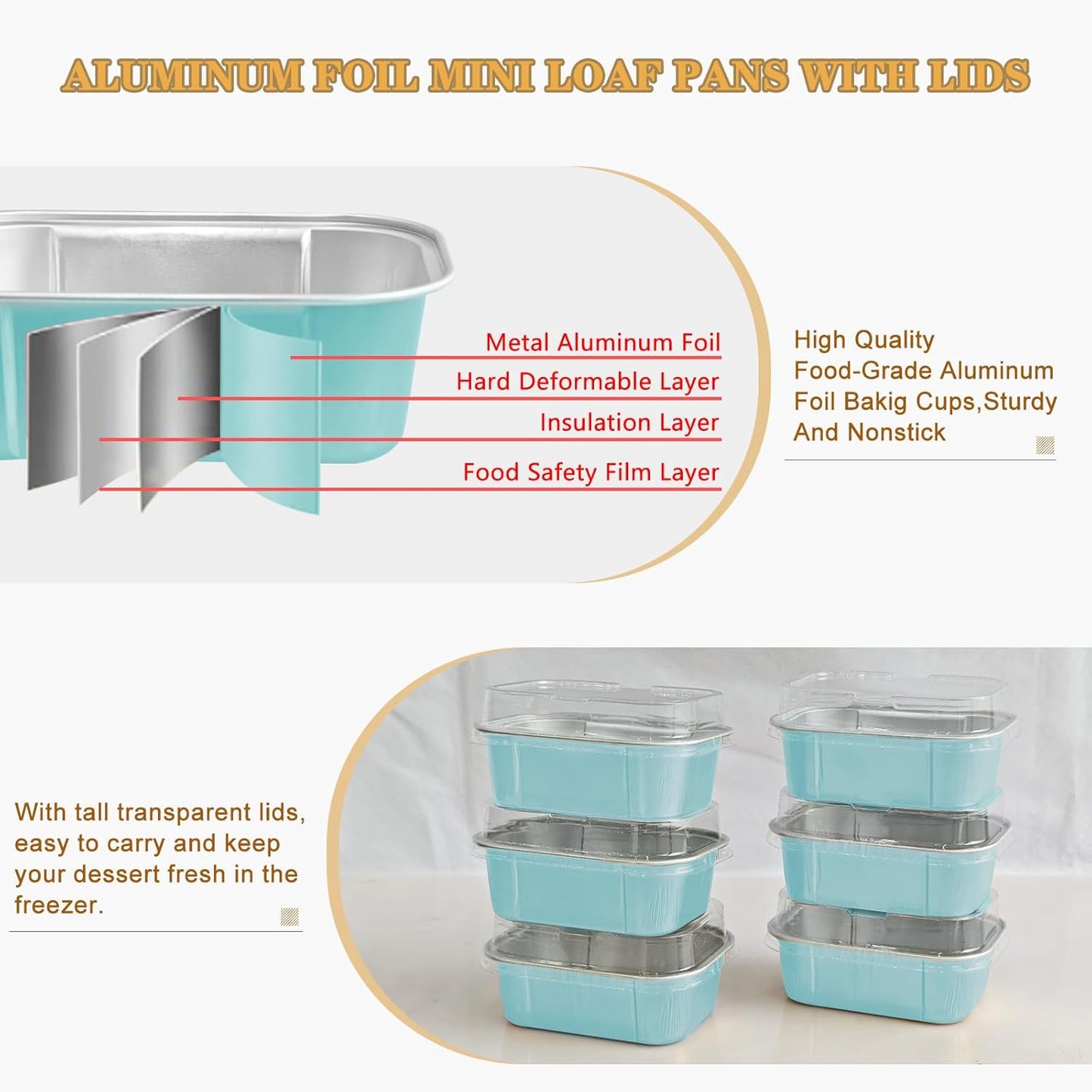 Mini Cake Pans With Lids And Spoons,5.5 oz Rectangle Mini individual Loaf Pans Disposable Aluminum Foil Small Baking Cups Tins (200, Wathet)