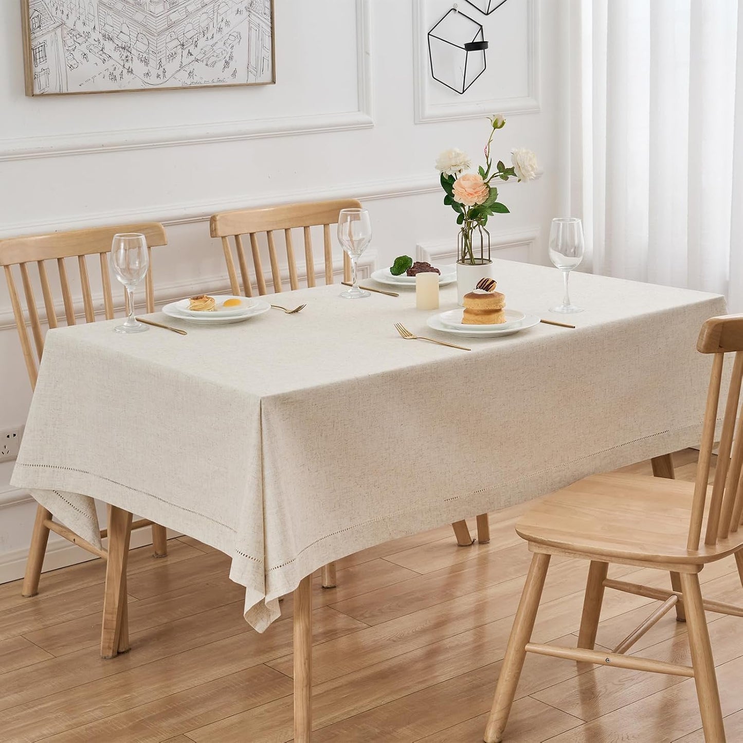 Zdolmy Natural Flax Linen Tablecloth – Undyed Rectangle Hemstitch Table Cover for Kitchen, Dining & Decoration (Neutral, 55" x 102")